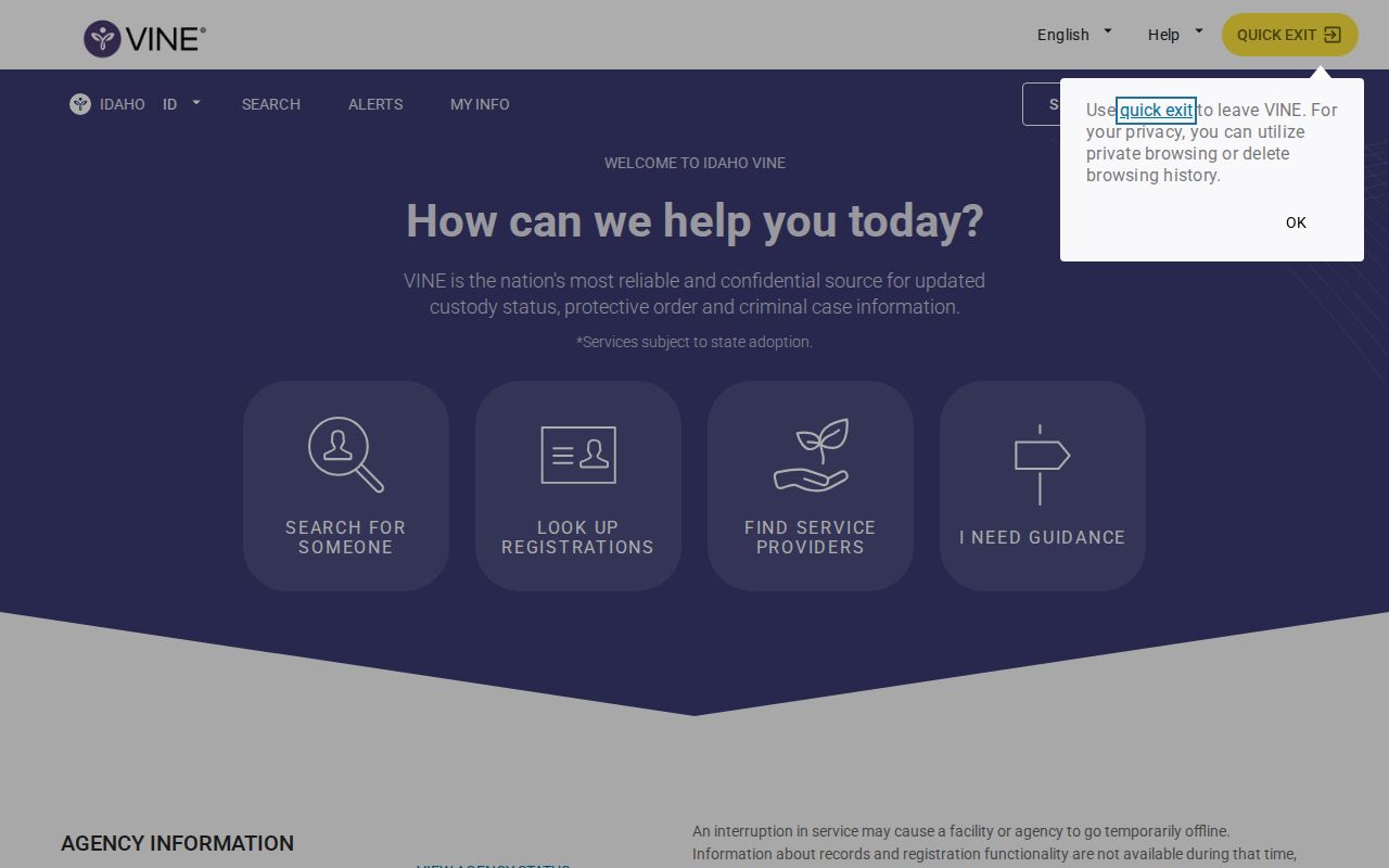 Idaho VINELink person search interface for a custody status check