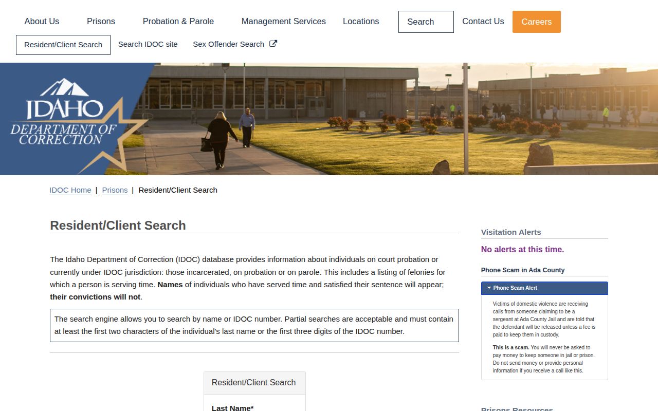Official Idaho Department of Correction resident and client search page