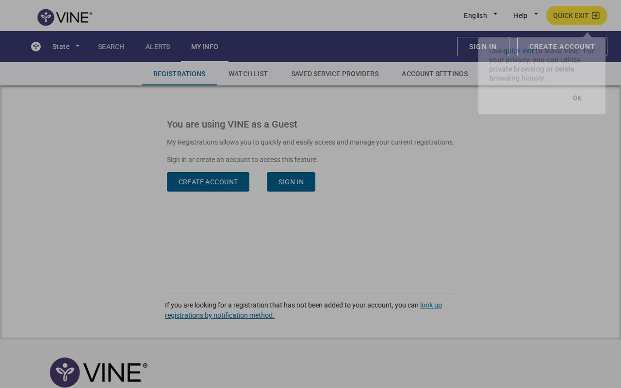 VINELink notification information and alert registration interface