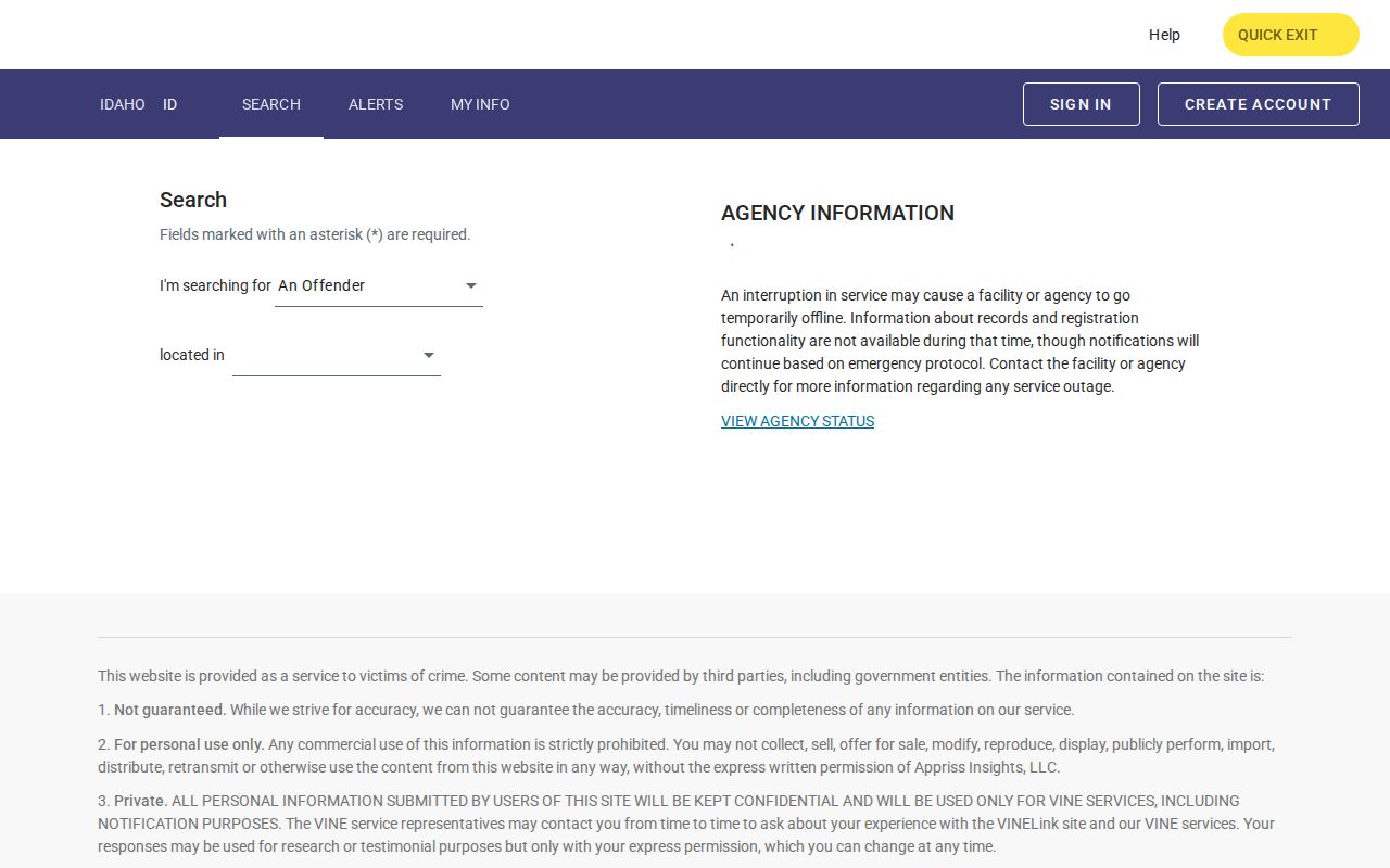 Idaho VINELink named-person custody search interface