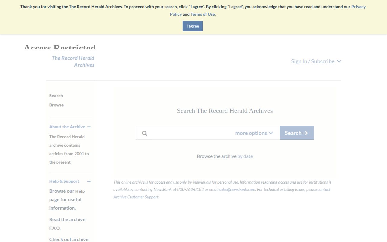 Recorder Herald digital newspaper archive search screen