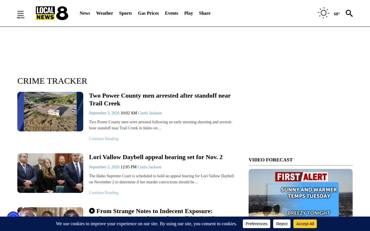 LocalNews8 regional Crime Tracker page covering area cases
