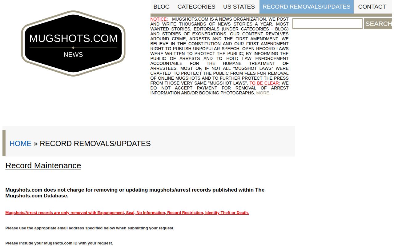 Unofficial Mugshots.com record maintenance policy page